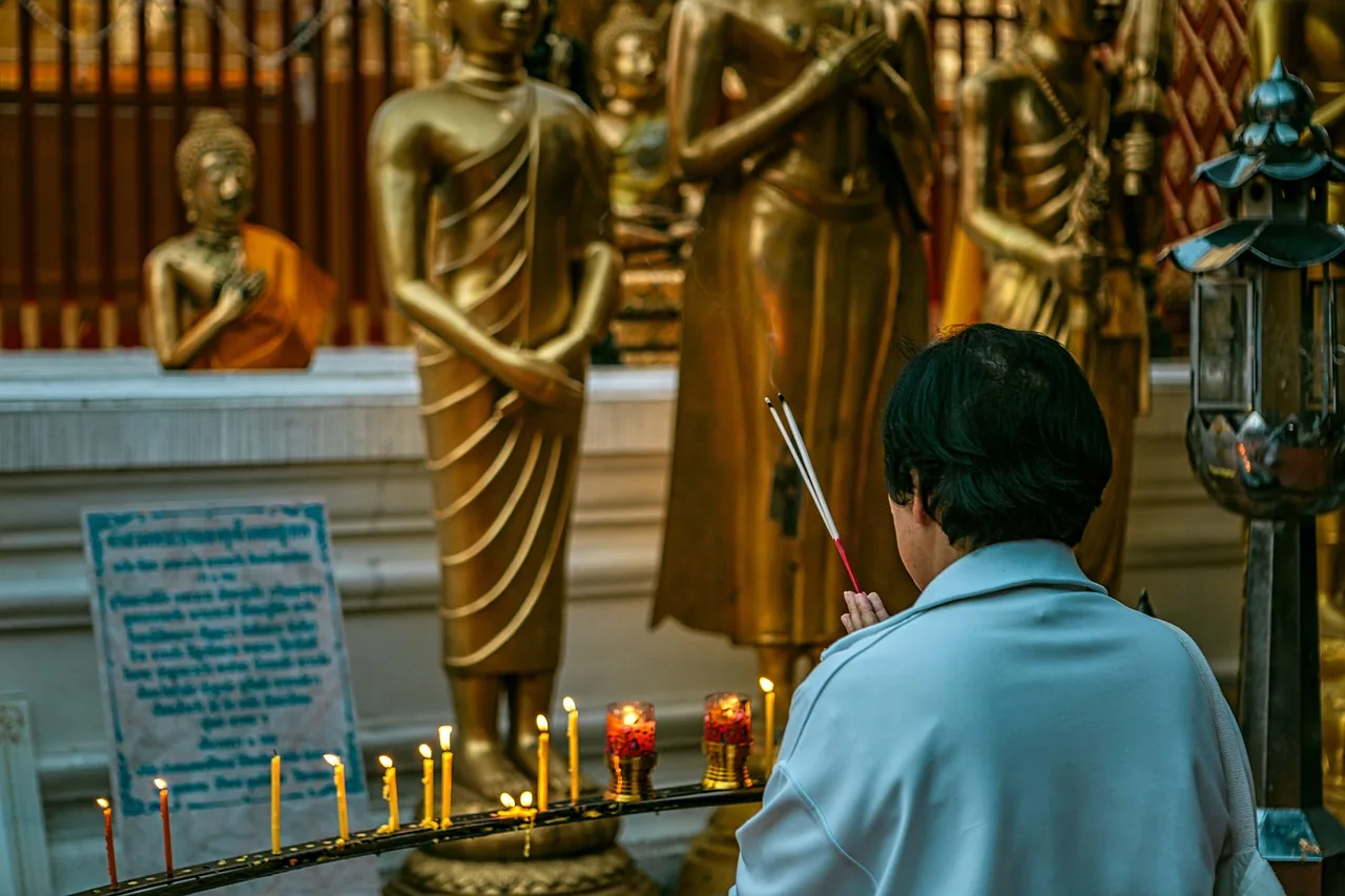 asia, thailand, buddha purnima, chiang mai, temple, buddha, wat, culture, outdoor, men, praying, candle, buddha statues,